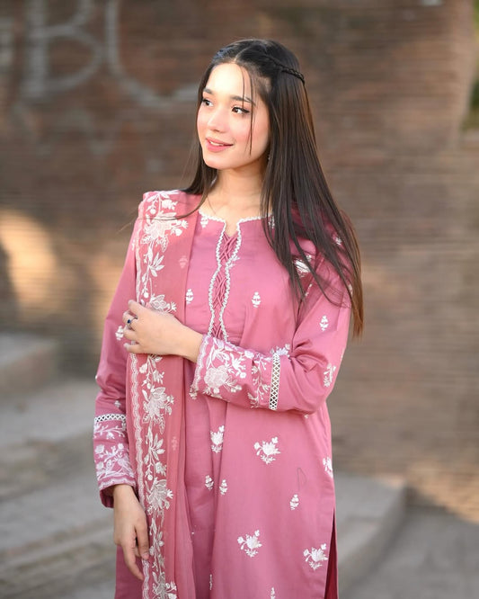 PINKISH FABRIC EMBROIDERY 3PC